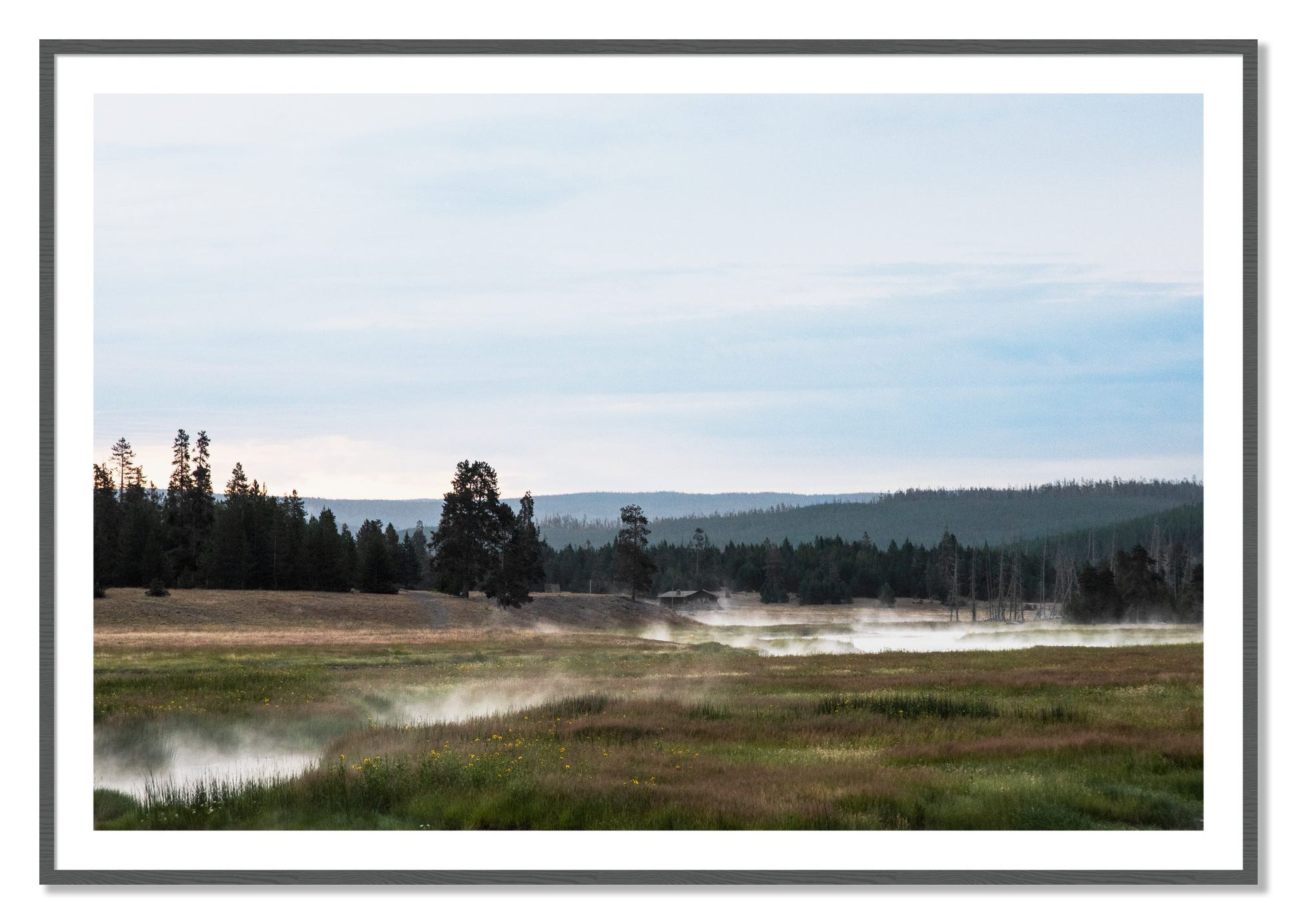 Framed photograph of Yellowstone Morning by Dylan Ozanich, Grey frame, Borders