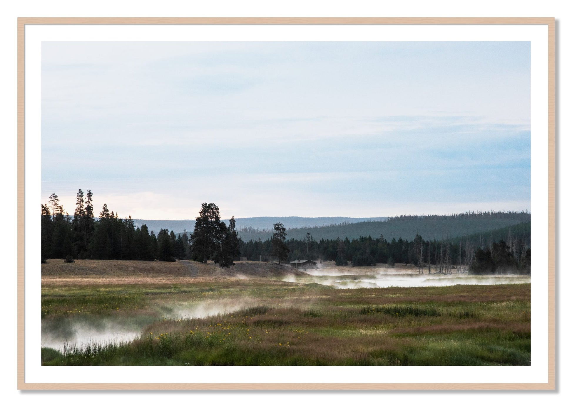 Framed photograph of Yellowstone Morning by Dylan Ozanich, Maple frame, Borders