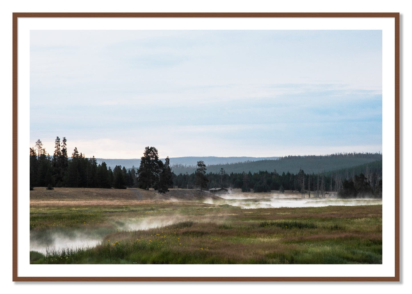 Framed photograph of Yellowstone Morning by Dylan Ozanich, Walnut frame, Borders
