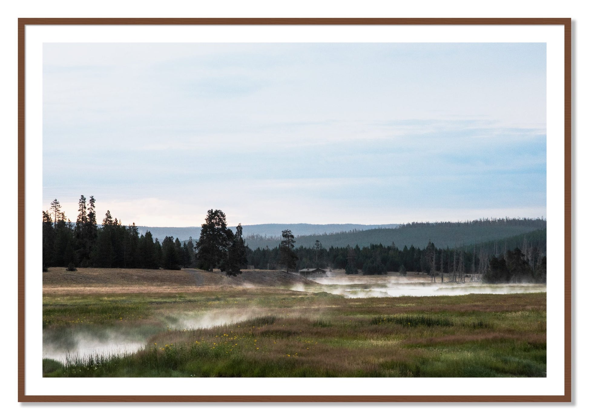 Framed photograph of Yellowstone Morning by Dylan Ozanich, Walnut frame, Borders