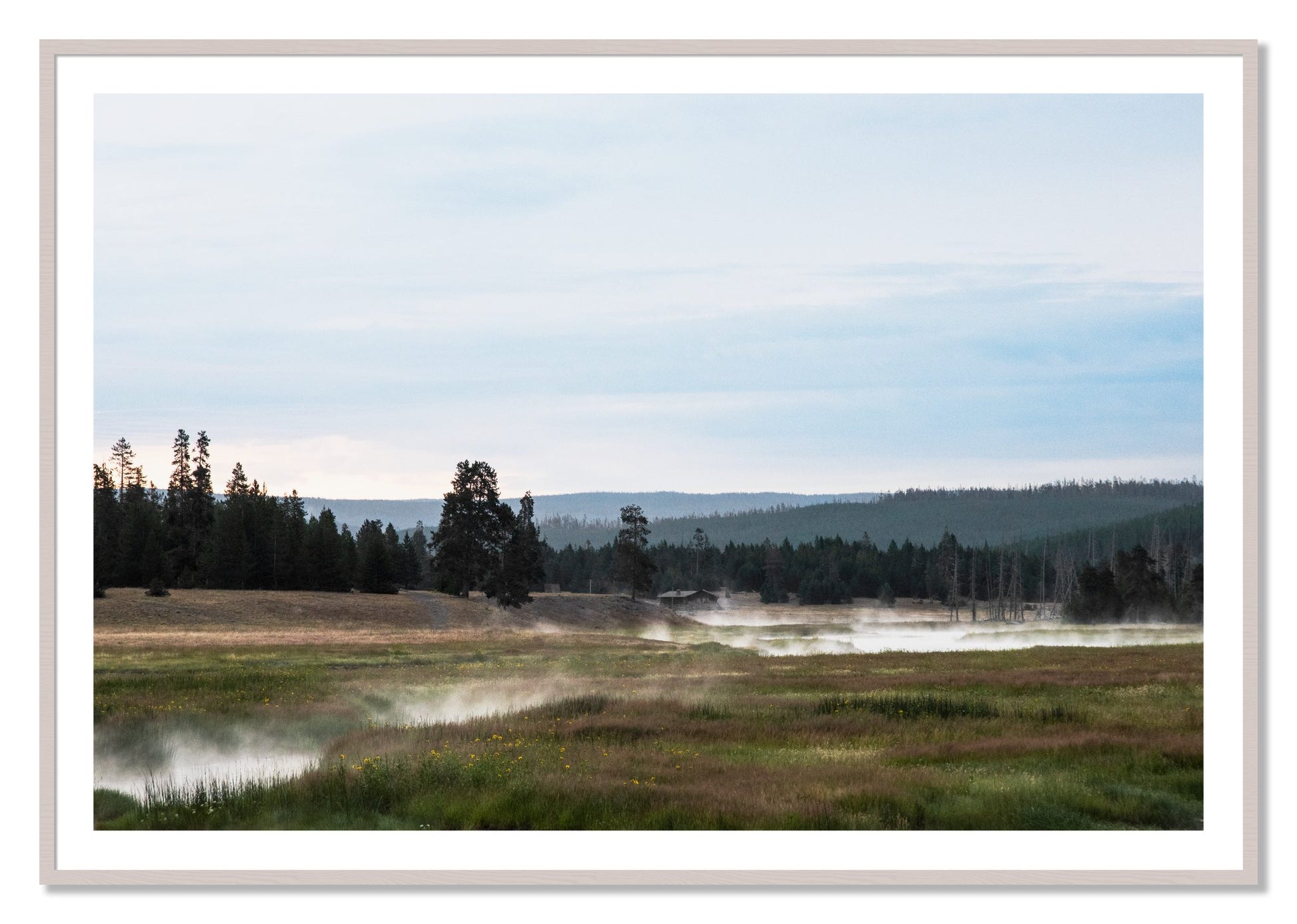 Framed photograph of Yellowstone Morning by Dylan Ozanich, White Maple frame, Borders