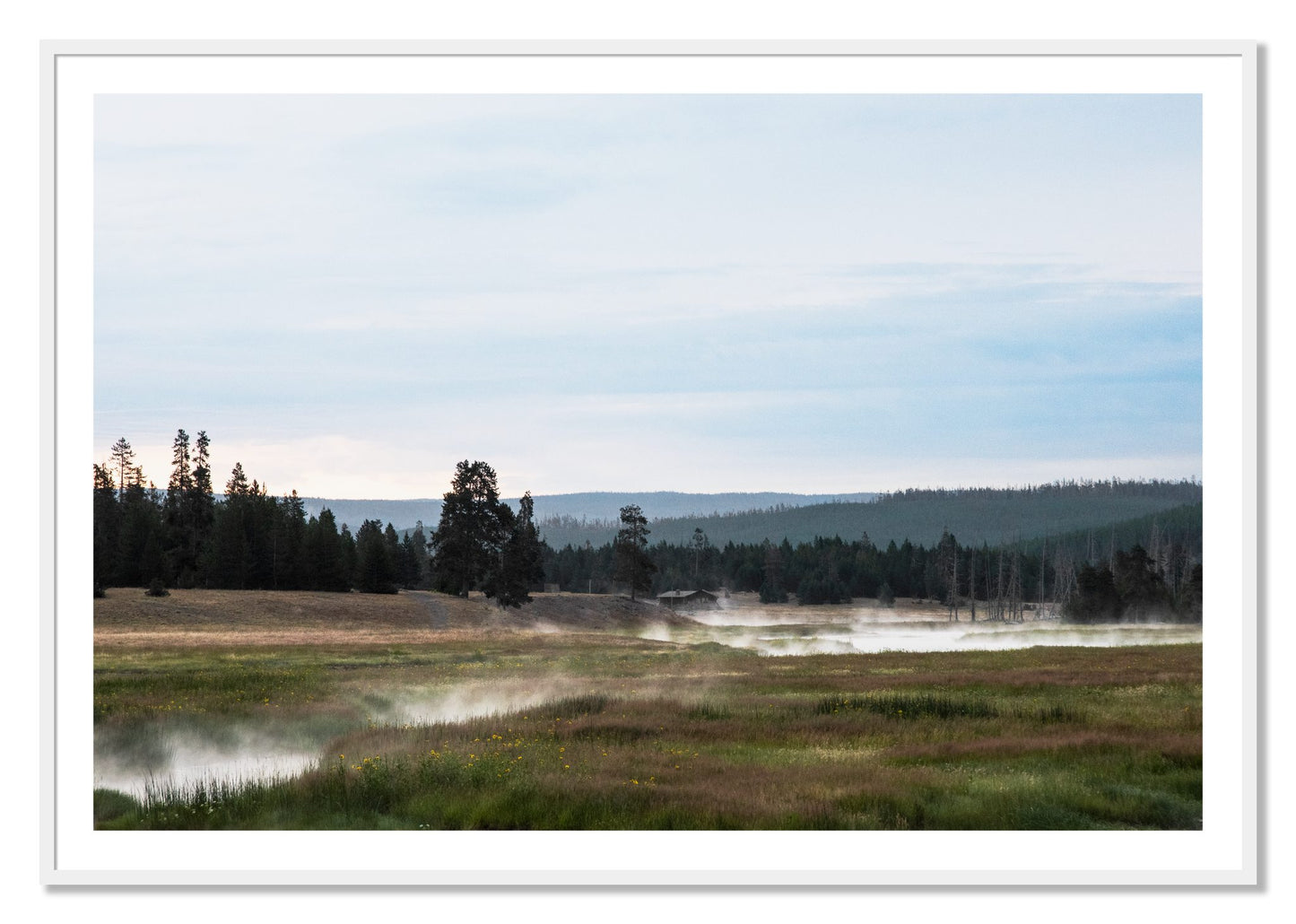 Framed photograph of Yellowstone Morning by Dylan Ozanich, White frame, Borders
