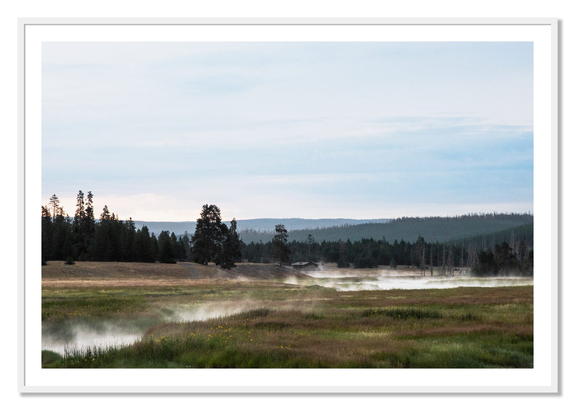 Framed photograph of Yellowstone Morning by Dylan Ozanich, White frame, Borders