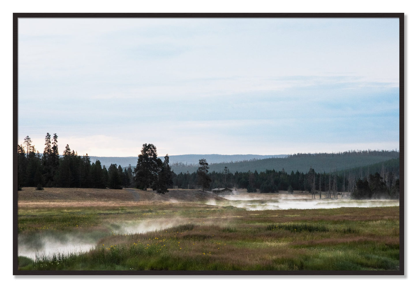 Framed photograph of Yellowstone Morning by Dylan Ozanich, Black Walnut frame, Full Bleed