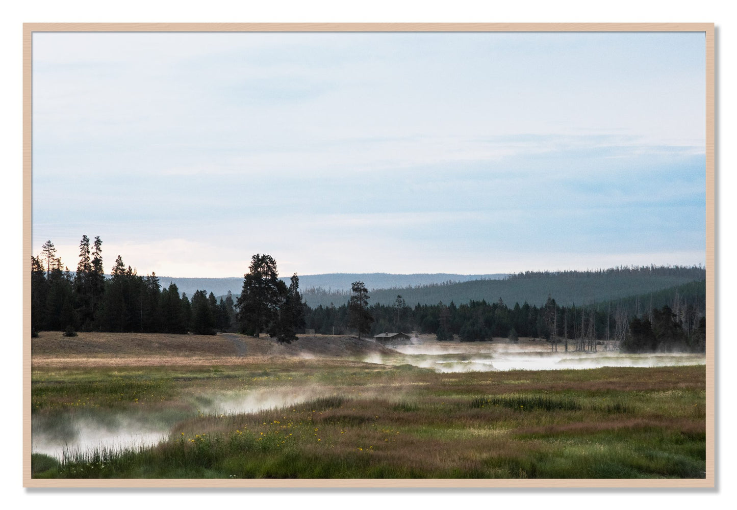 Framed photograph of Yellowstone Morning by Dylan Ozanich, Maple frame, Full Bleed