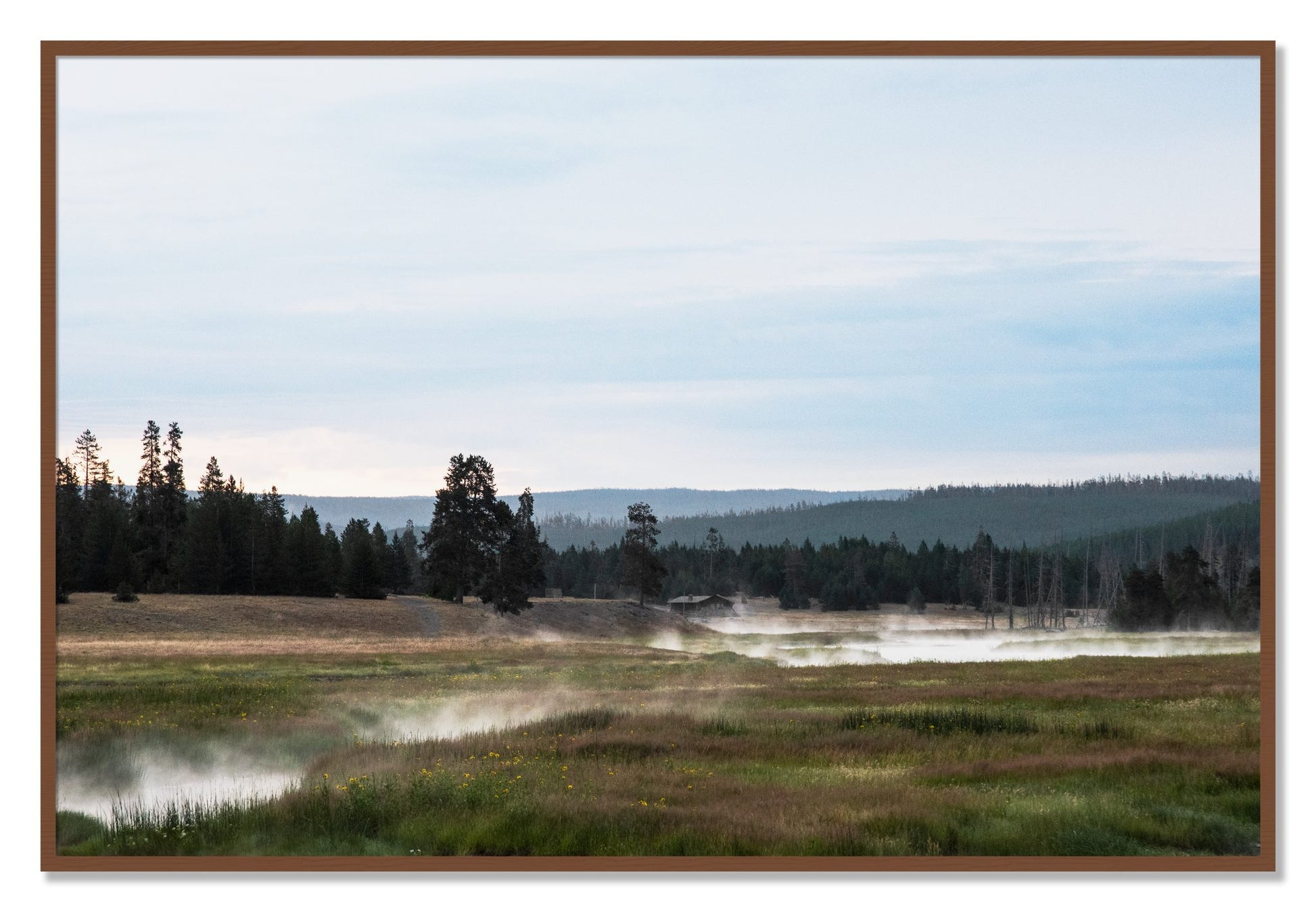 Framed photograph of Yellowstone Morning by Dylan Ozanich, Walnut frame, Full Bleed