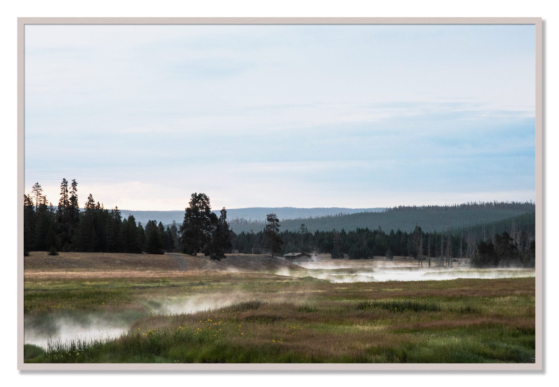 Framed photograph of Yellowstone Morning by Dylan Ozanich, White Maple frame, Full Bleed