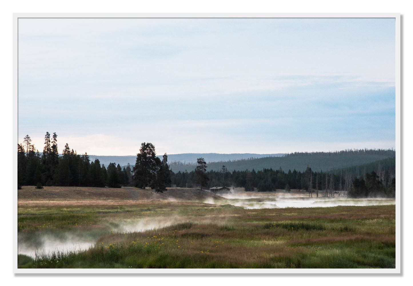 Framed photograph of Yellowstone Morning by Dylan Ozanich, White frame, Full Bleed