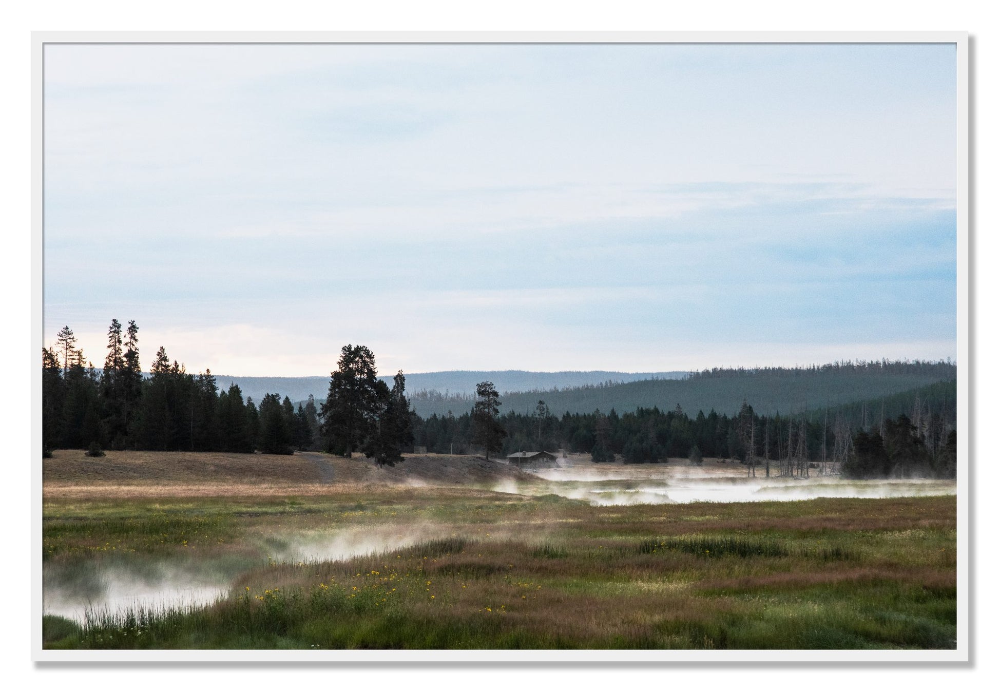 Framed photograph of Yellowstone Morning by Dylan Ozanich, White frame, Full Bleed