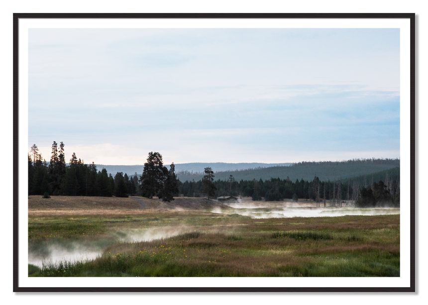 Framed photograph of Yellowstone Morning by Dylan Ozanich, Black Walnut frame, Borders