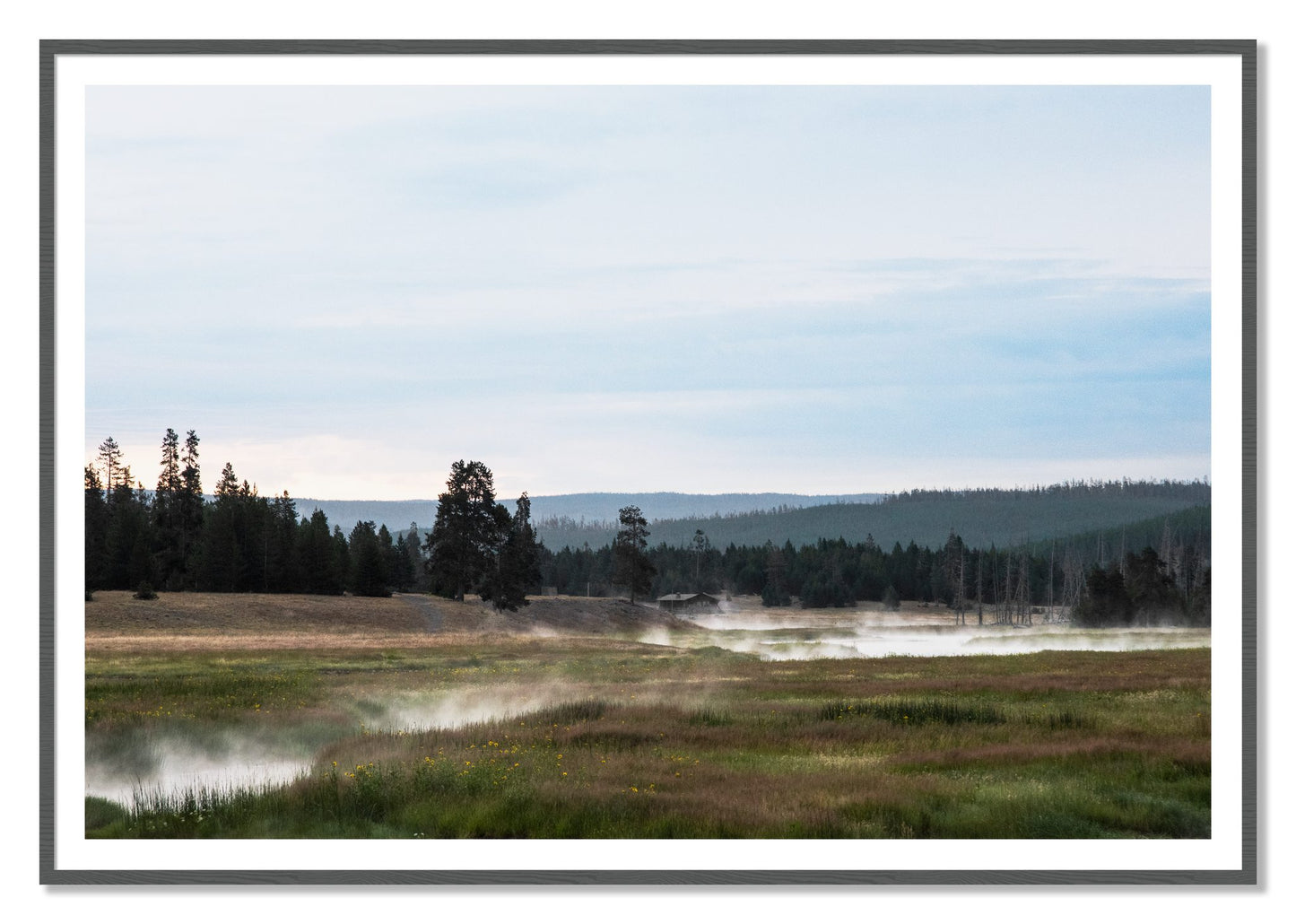 Framed photograph of Yellowstone Morning by Dylan Ozanich, Grey frame, Borders
