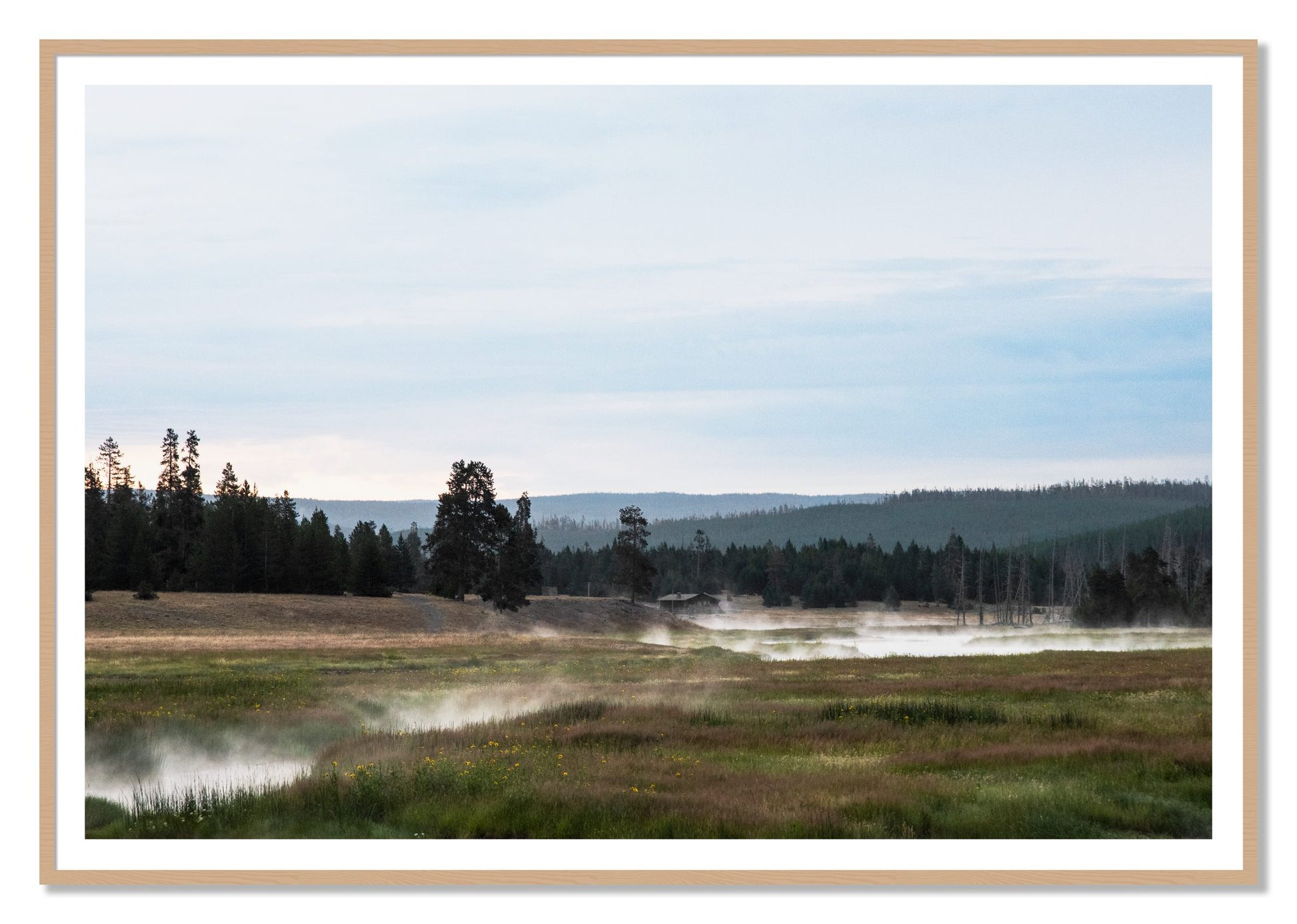 Framed photograph of Yellowstone Morning by Dylan Ozanich, Oak frame, Borders