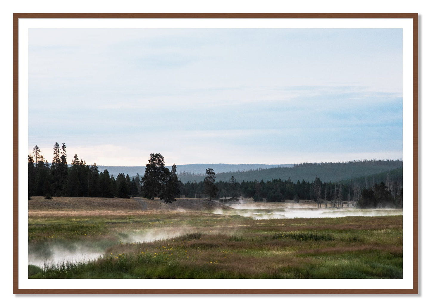 Framed photograph of Yellowstone Morning by Dylan Ozanich, Walnut frame, Borders