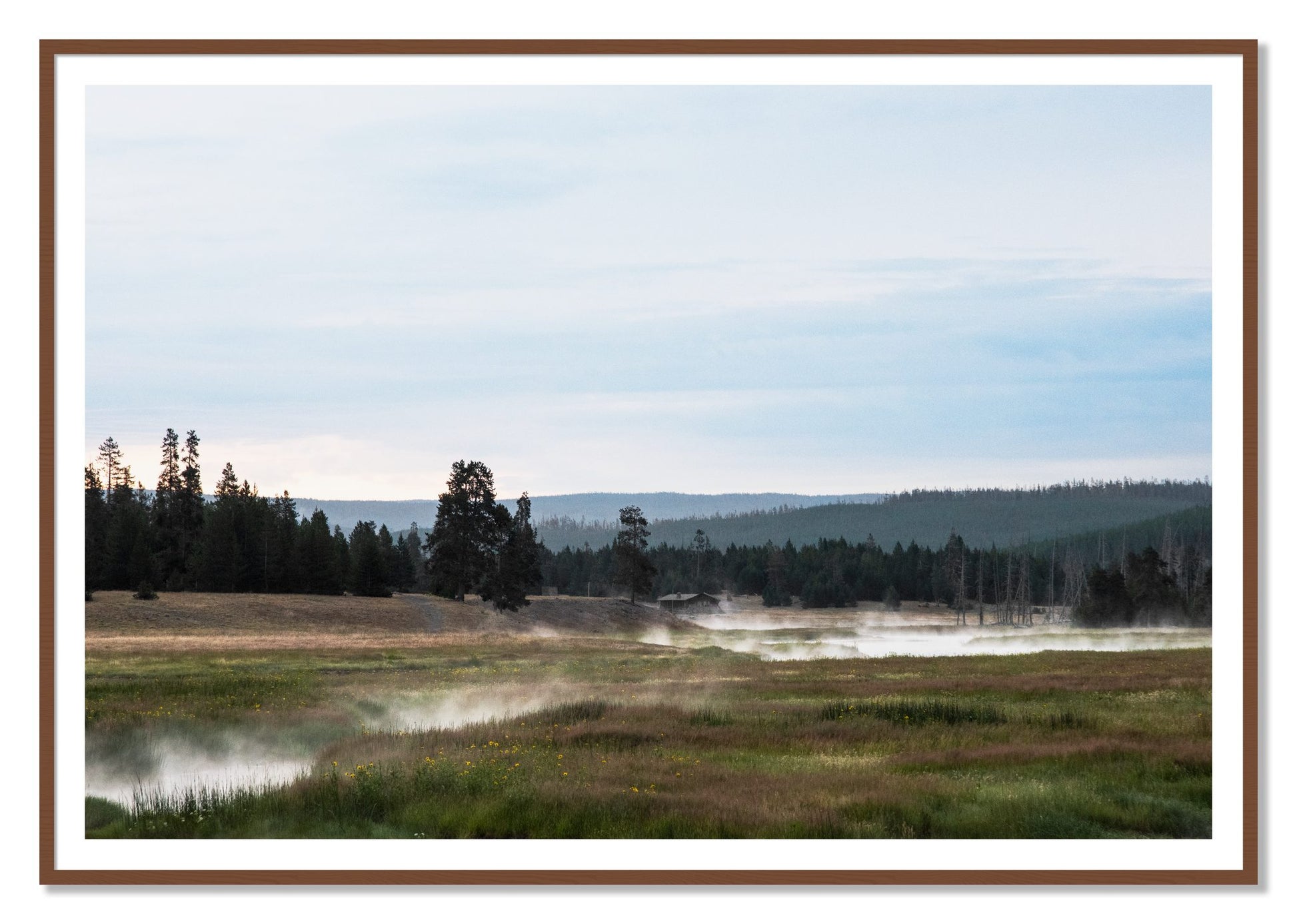 Framed photograph of Yellowstone Morning by Dylan Ozanich, Walnut frame, Borders