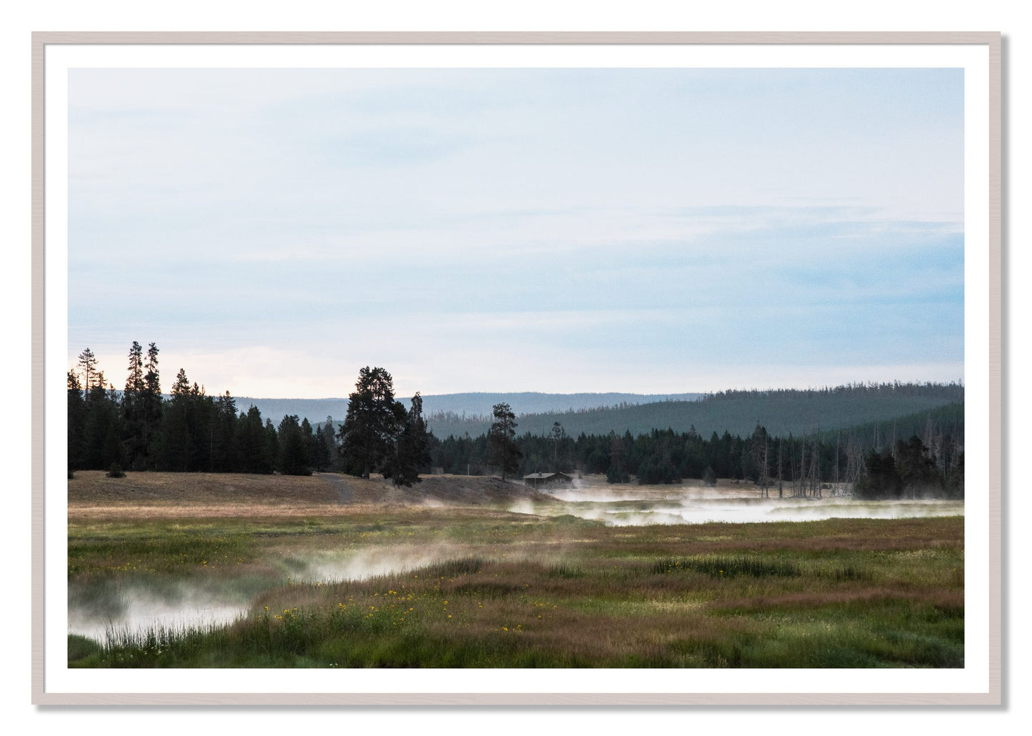 Framed photograph of Yellowstone Morning by Dylan Ozanich, White Maple frame, Borders