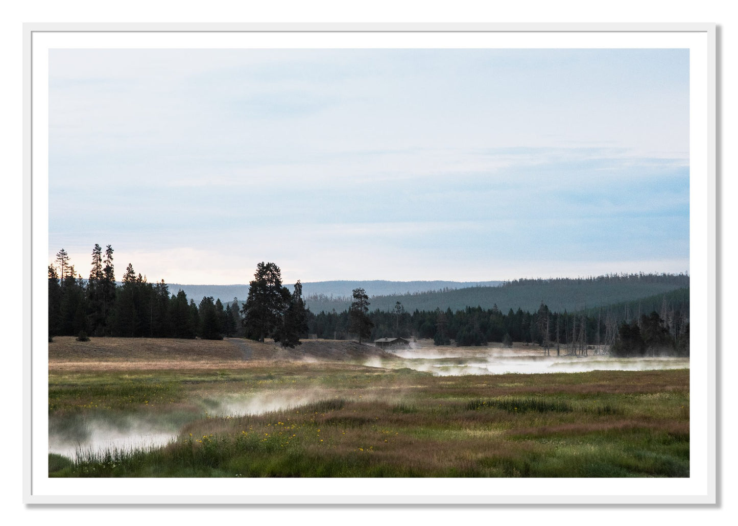 Framed photograph of Yellowstone Morning by Dylan Ozanich, White frame, Borders
