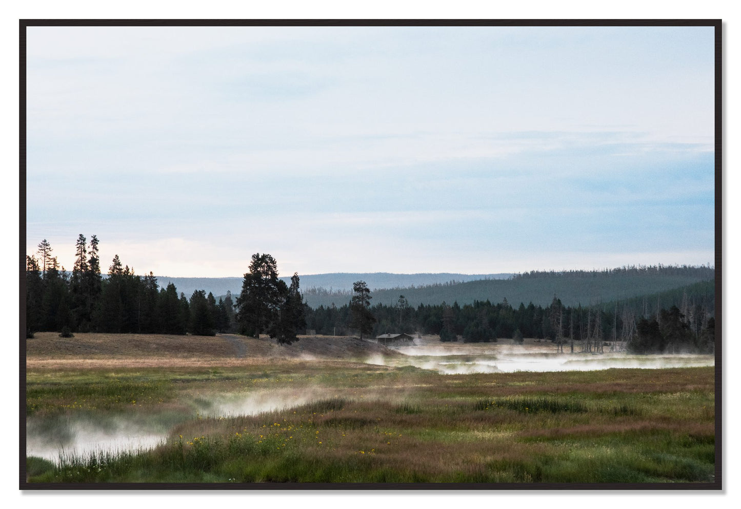 Framed photograph of Yellowstone Morning by Dylan Ozanich, Black Walnut frame, Full Bleed
