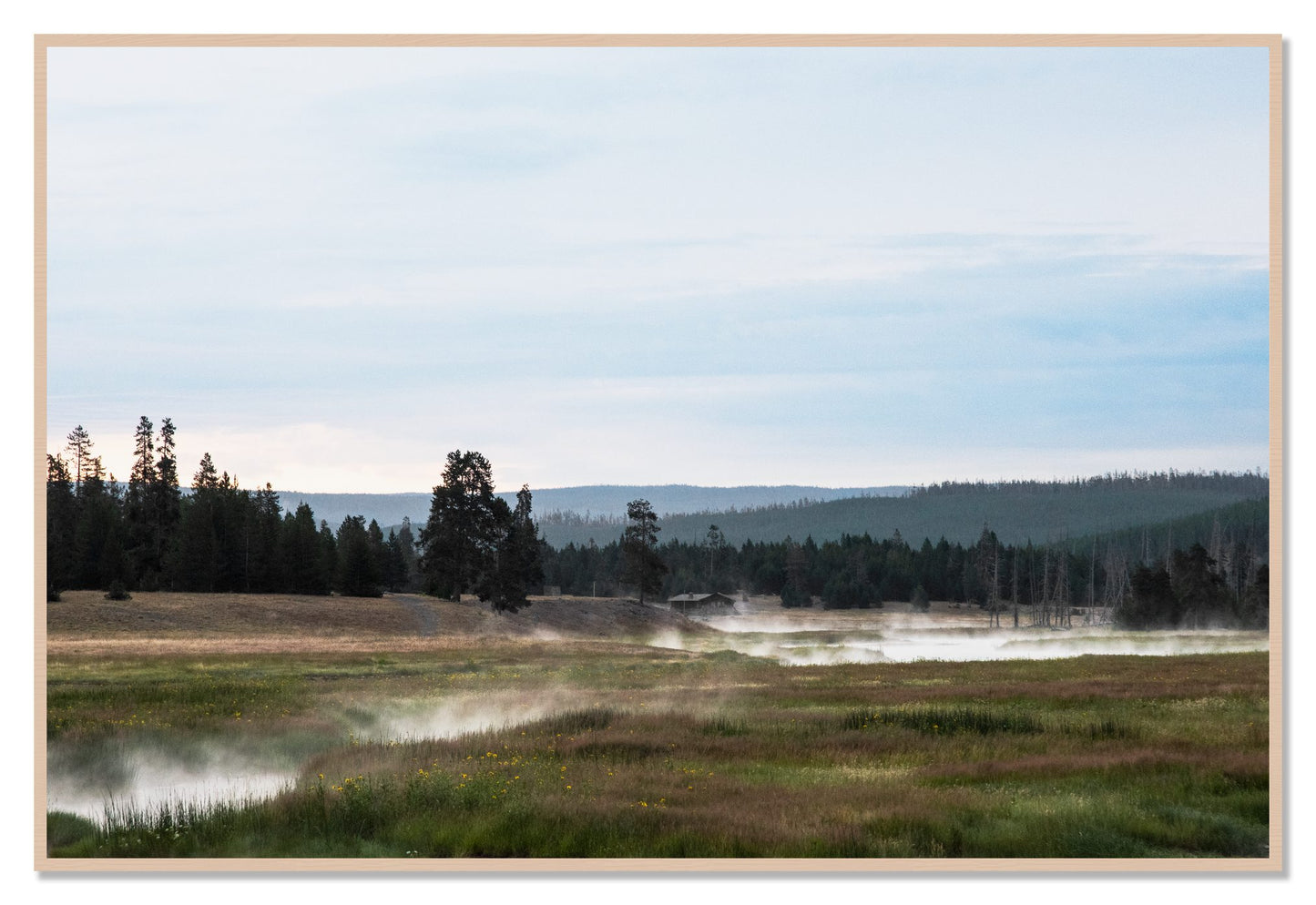 Framed photograph of Yellowstone Morning by Dylan Ozanich, Maple frame, Full Bleed