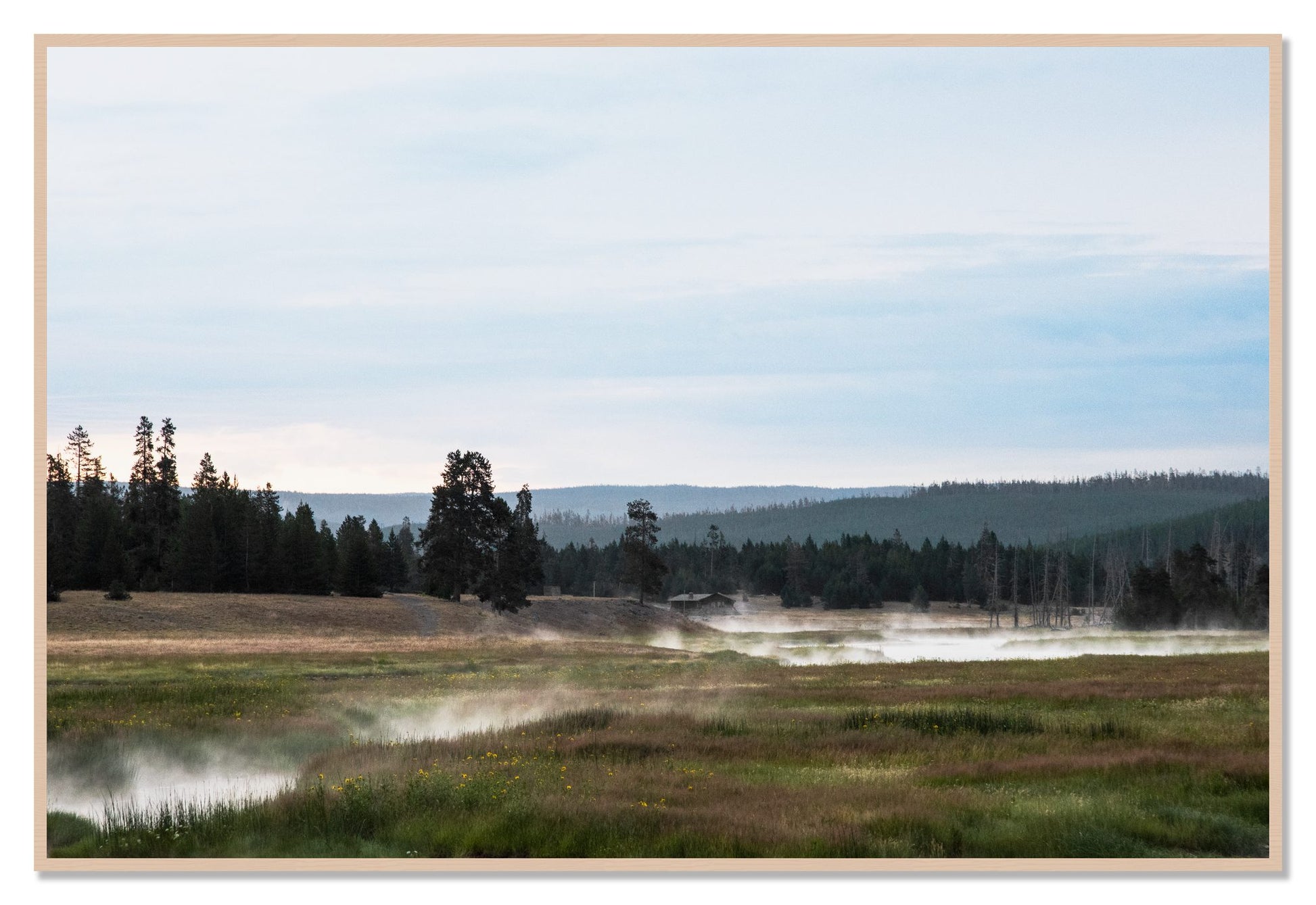 Framed photograph of Yellowstone Morning by Dylan Ozanich, Maple frame, Full Bleed