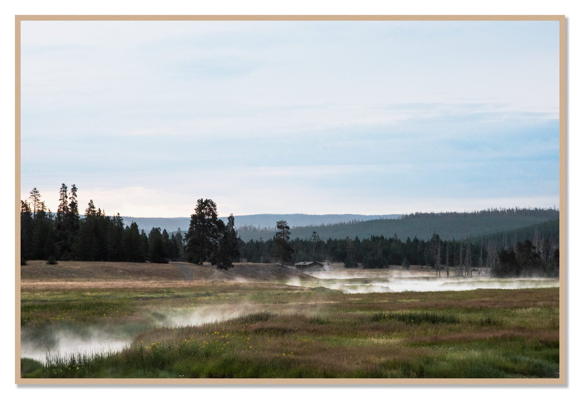 Framed photograph of Yellowstone Morning by Dylan Ozanich, Oak frame, Full Bleed