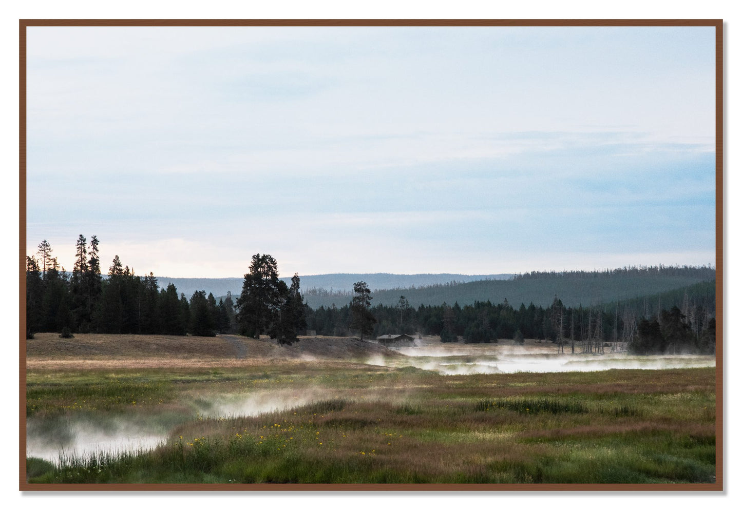 Framed photograph of Yellowstone Morning by Dylan Ozanich, Walnut frame, Full Bleed