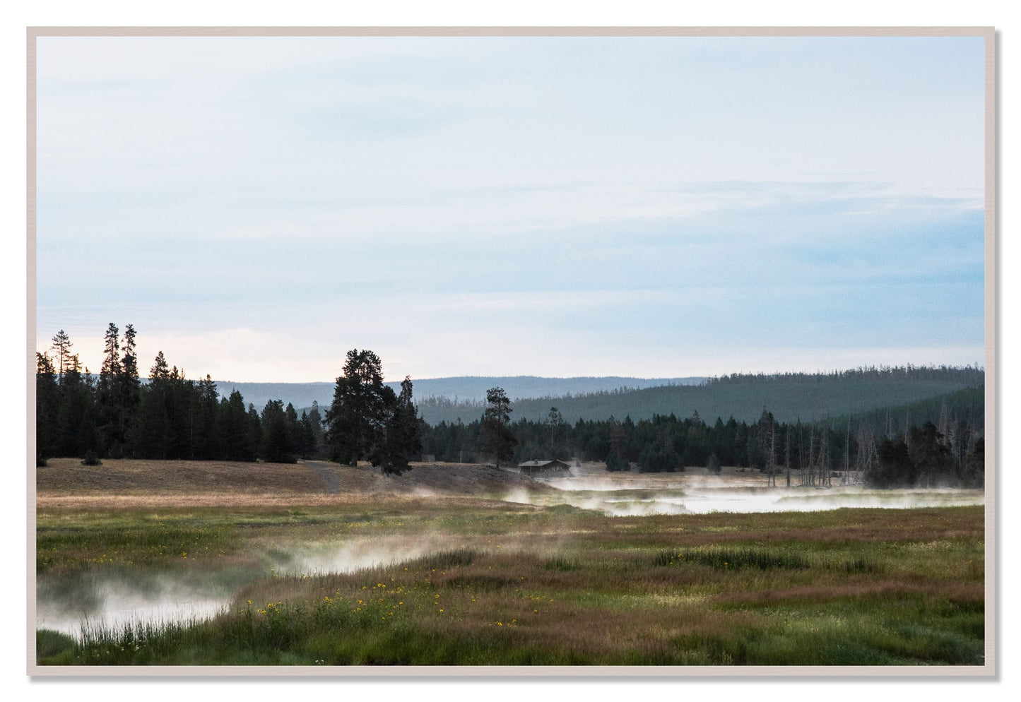 Framed photograph of Yellowstone Morning by Dylan Ozanich, White Maple frame, Full Bleed