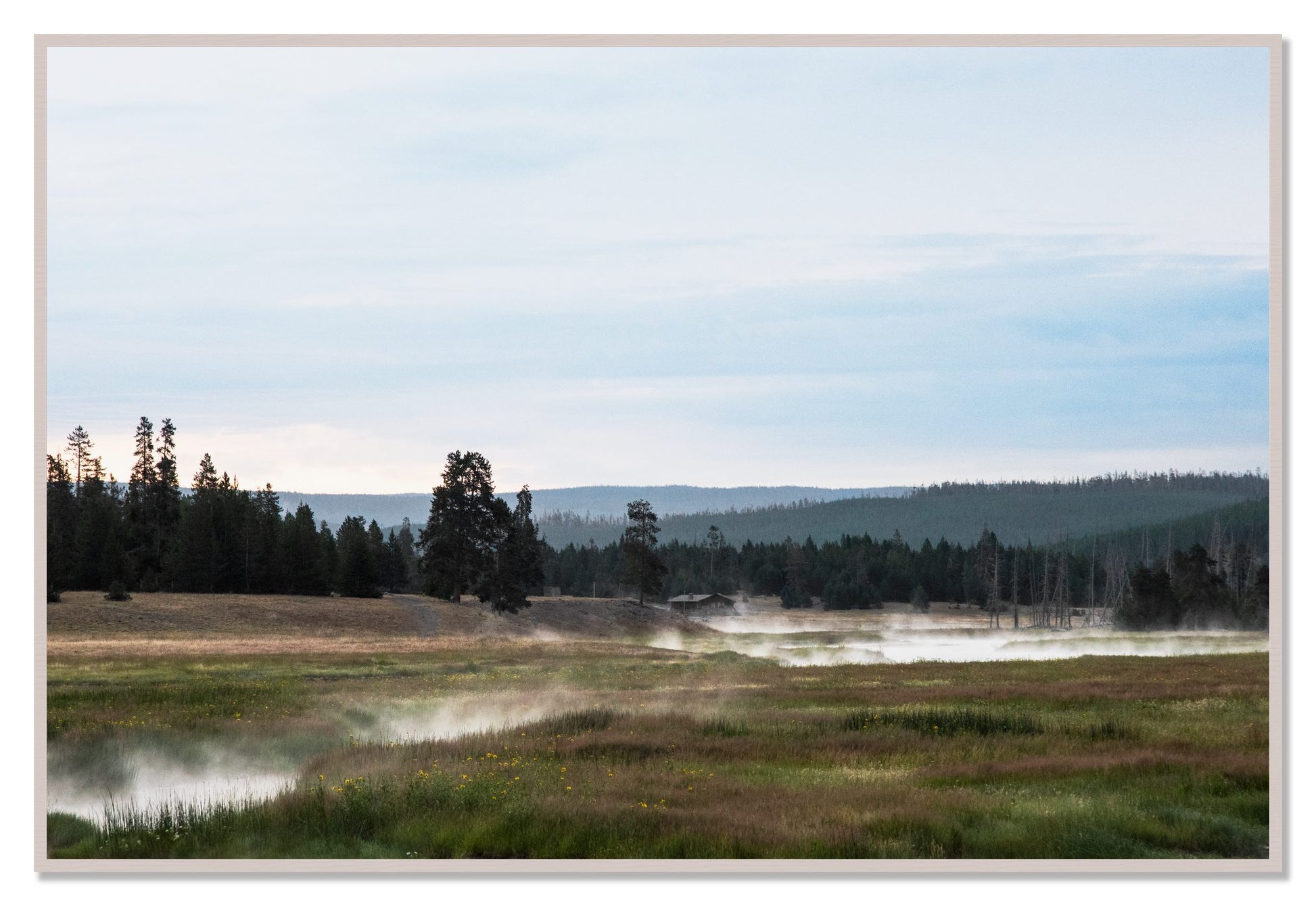 Framed photograph of Yellowstone Morning by Dylan Ozanich, White Maple frame, Full Bleed