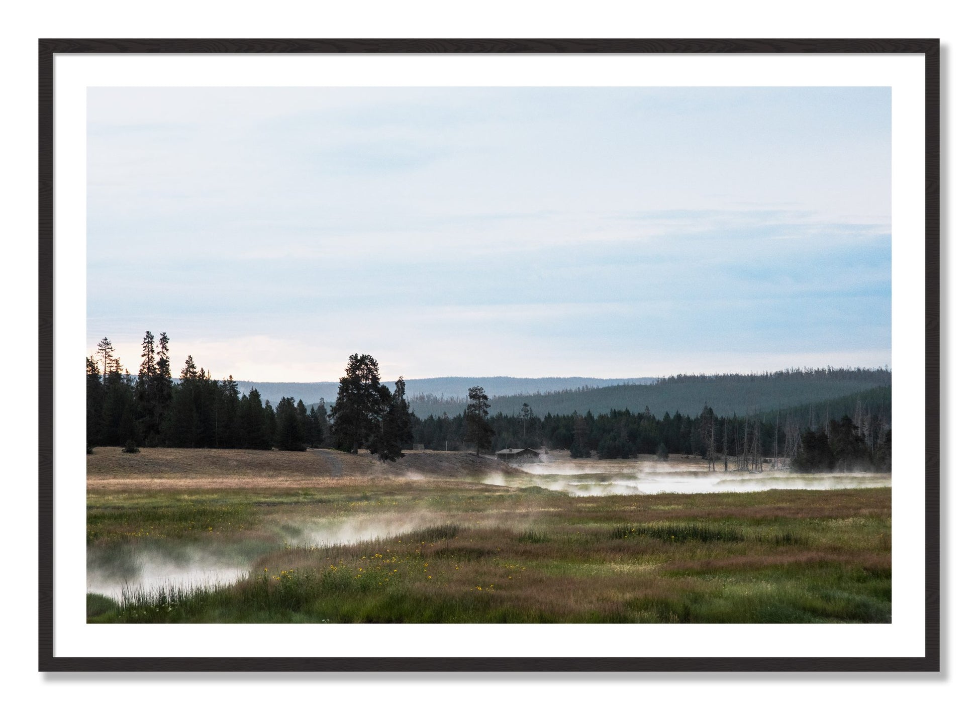 Framed photograph of Yellowstone Morning by Dylan Ozanich, Black Walnut frame, Borders