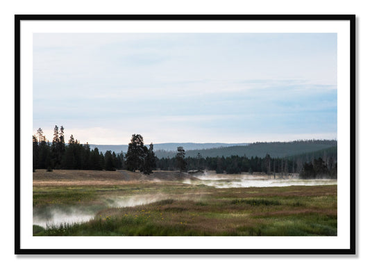 Yellowstone Morning by Dylan Ozanich, 30×45 print with a White Border in a Black frame