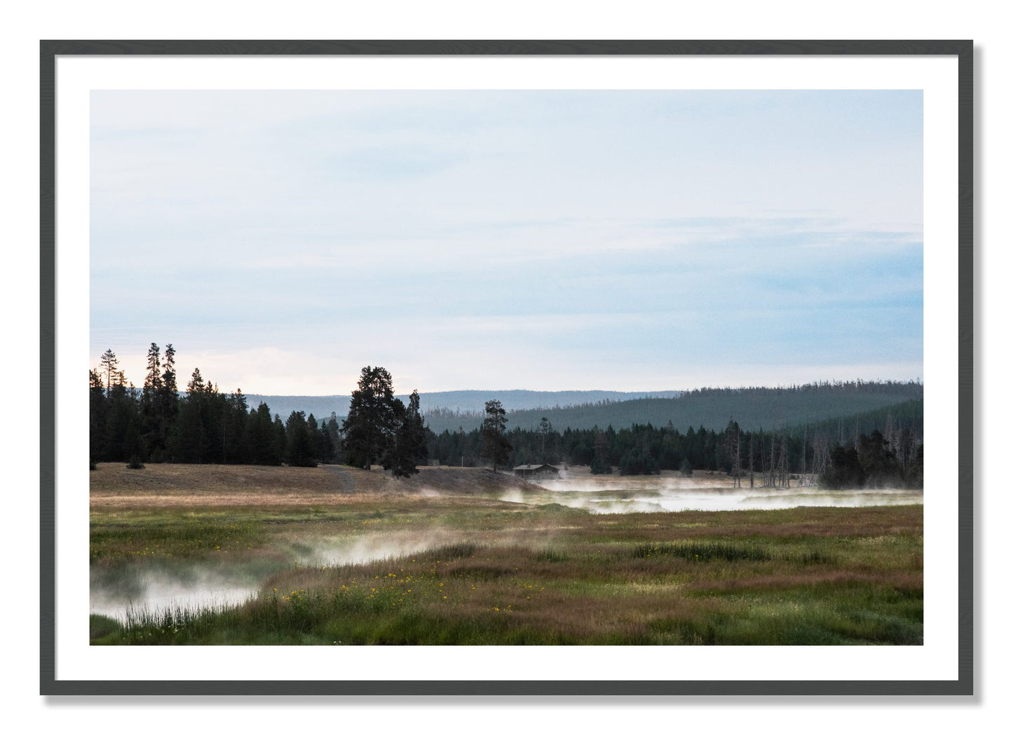 Framed photograph of Yellowstone Morning by Dylan Ozanich, Grey frame, Borders