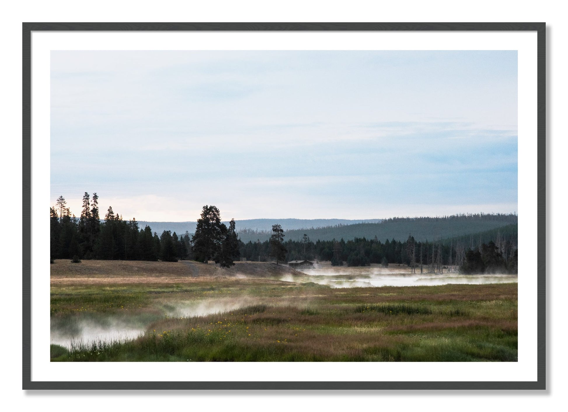 Framed photograph of Yellowstone Morning by Dylan Ozanich, Grey frame, Borders