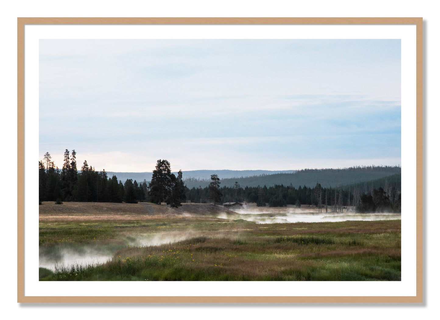 Framed photograph of Yellowstone Morning by Dylan Ozanich, Oak frame, Borders