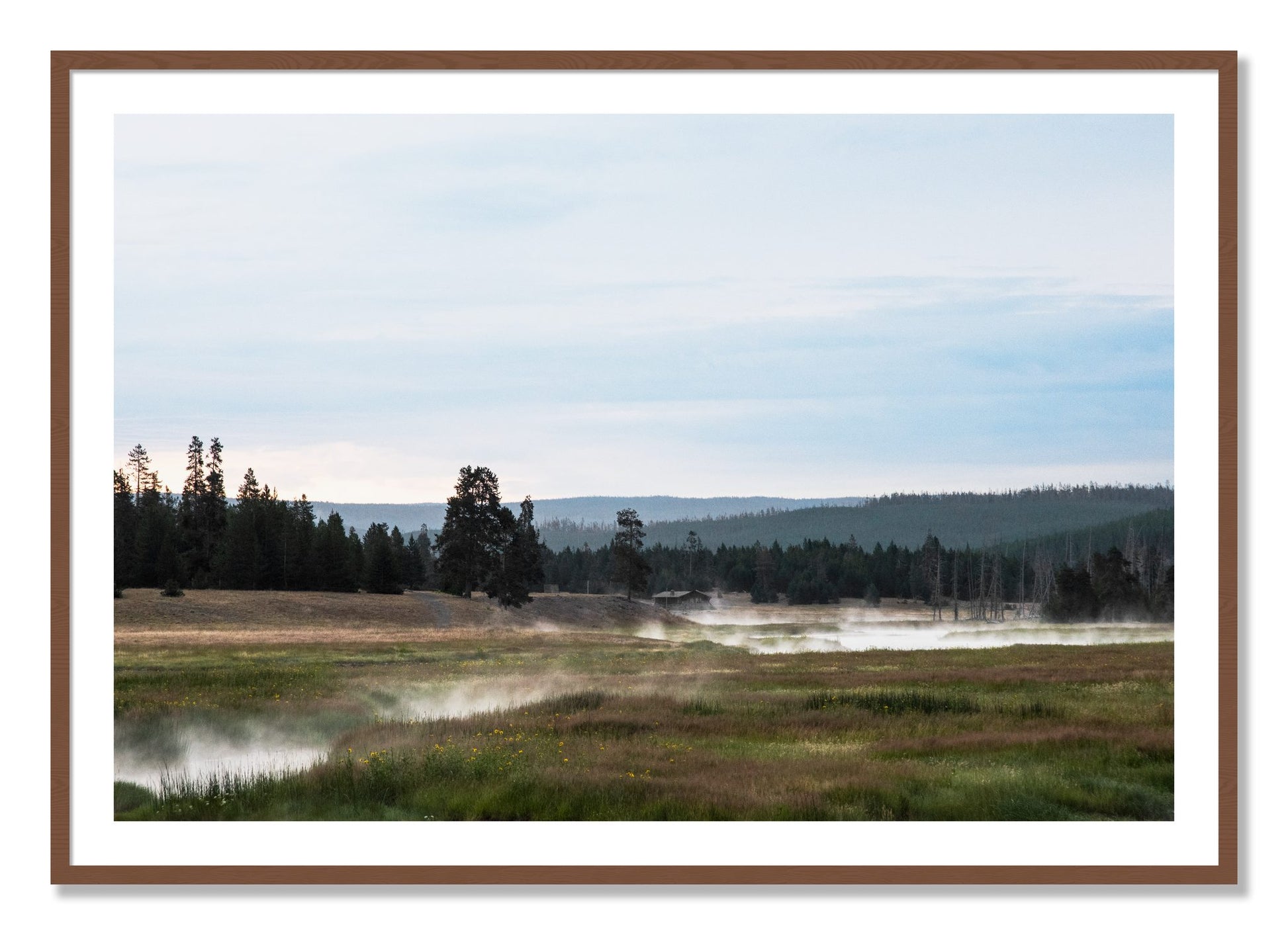 Framed photograph of Yellowstone Morning by Dylan Ozanich, Walnut frame, Borders