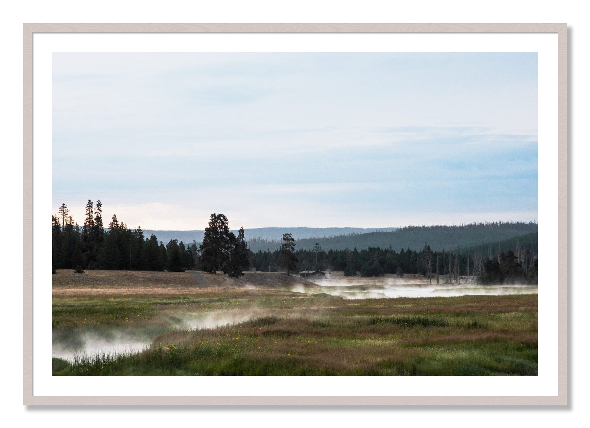 Framed photograph of Yellowstone Morning by Dylan Ozanich, White Maple frame, Borders