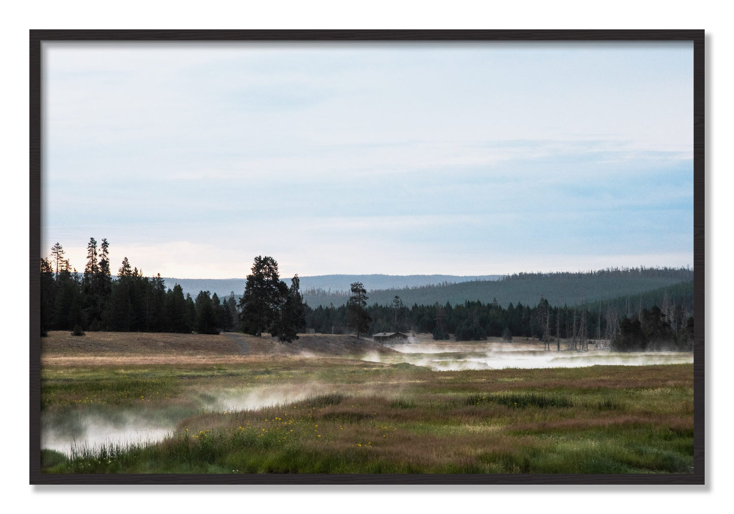 Framed photograph of Yellowstone Morning by Dylan Ozanich, Black Walnut frame, Full Bleed