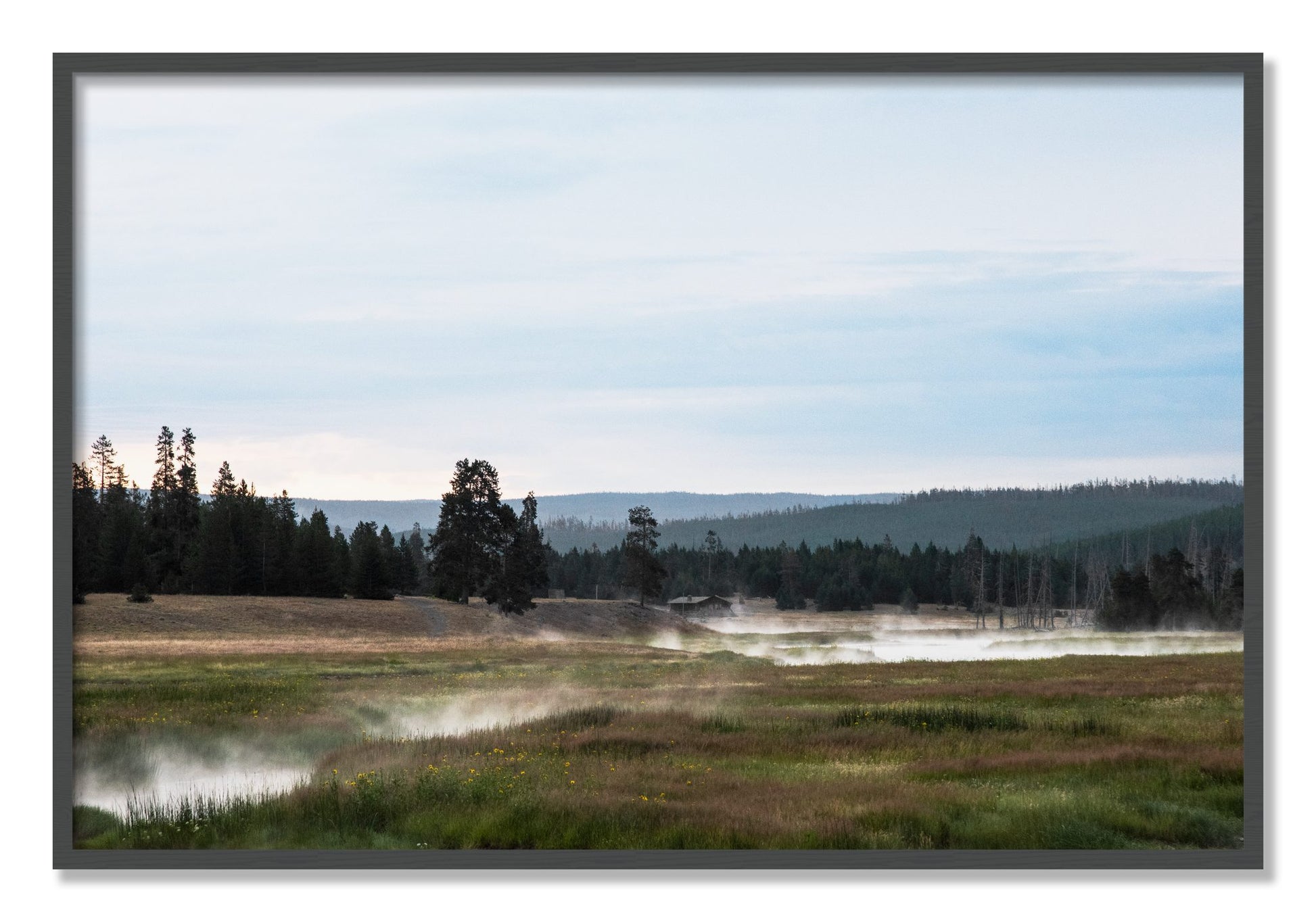 Framed photograph of Yellowstone Morning by Dylan Ozanich, Grey frame, Full Bleed