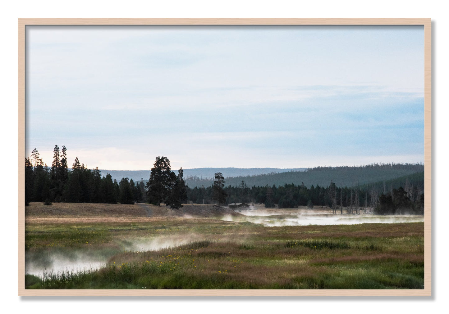 Framed photograph of Yellowstone Morning by Dylan Ozanich, Maple frame, Full Bleed