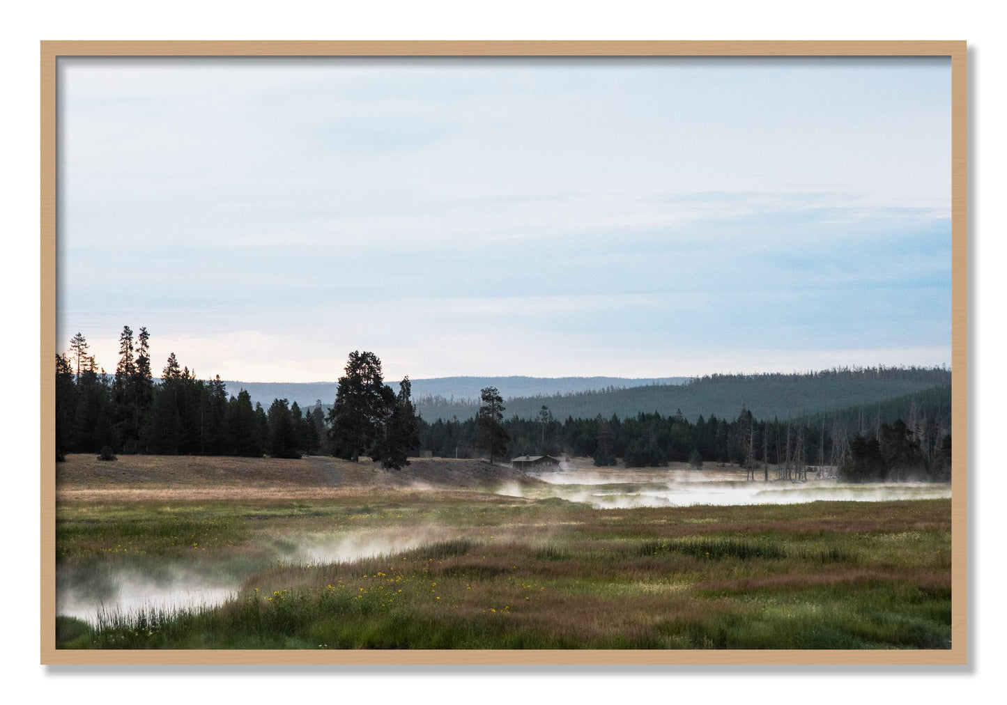 Framed photograph of Yellowstone Morning by Dylan Ozanich, Oak frame, Full Bleed