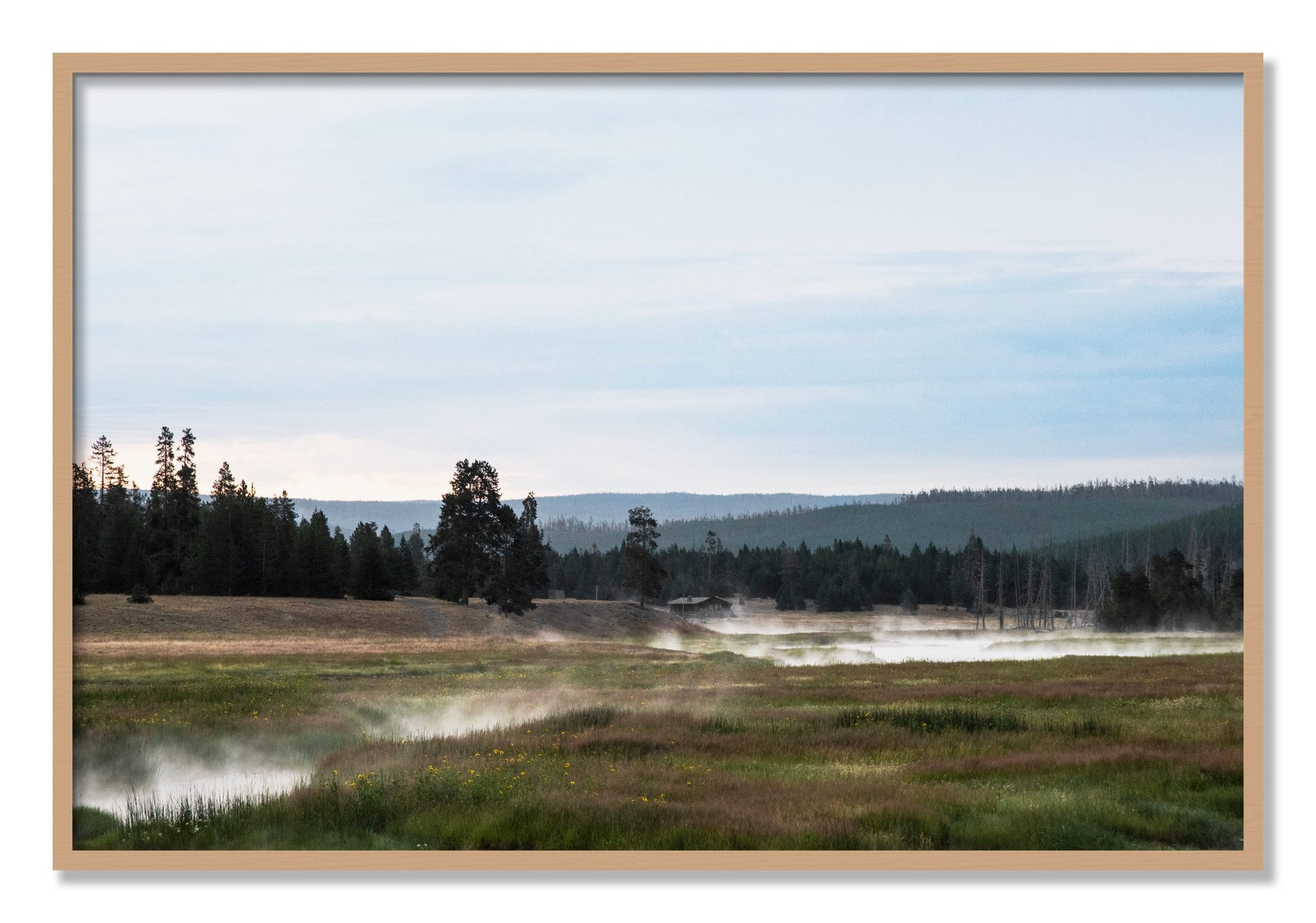 Framed photograph of Yellowstone Morning by Dylan Ozanich, Oak frame, Full Bleed