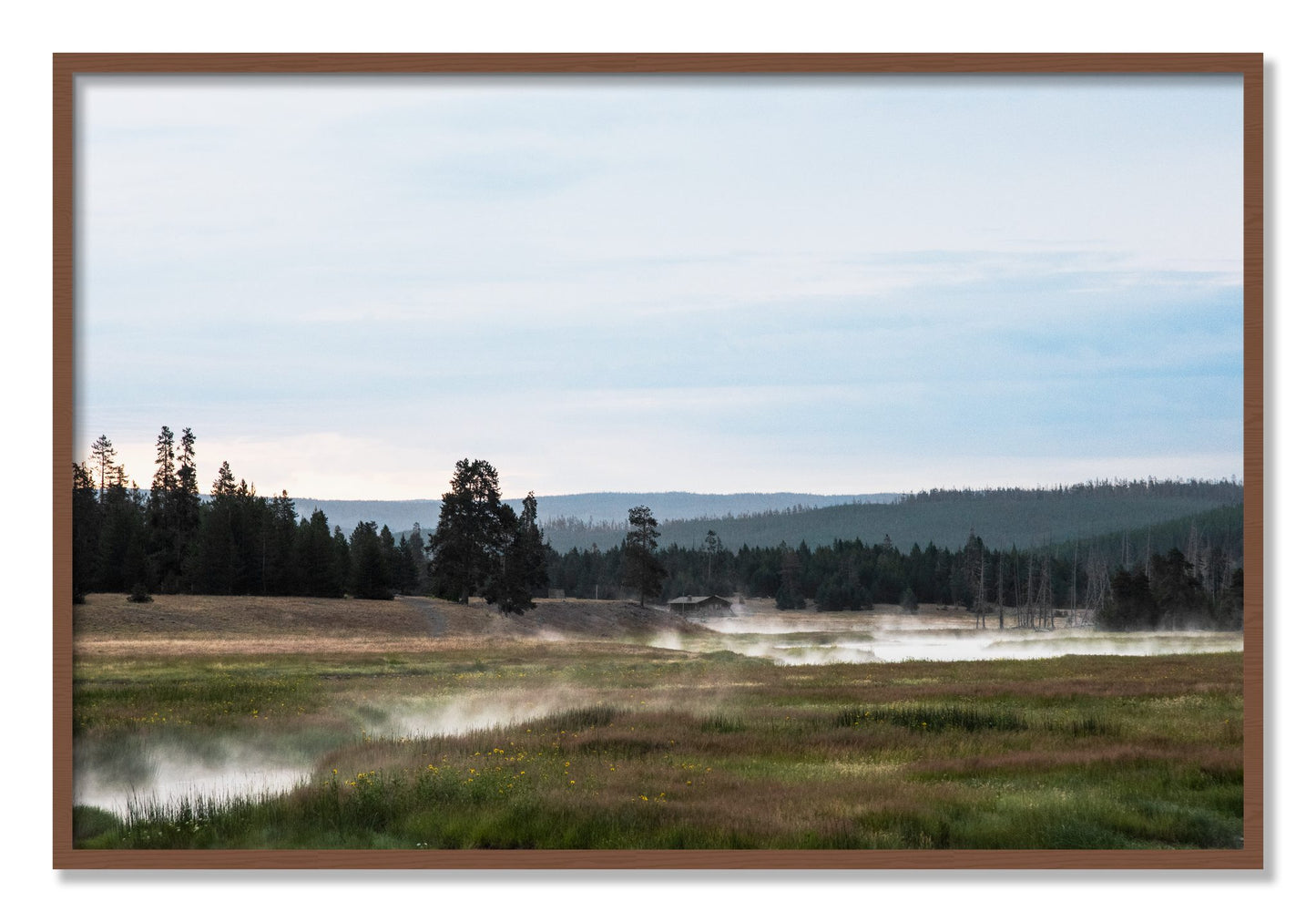 Framed photograph of Yellowstone Morning by Dylan Ozanich, Walnut frame, Full Bleed