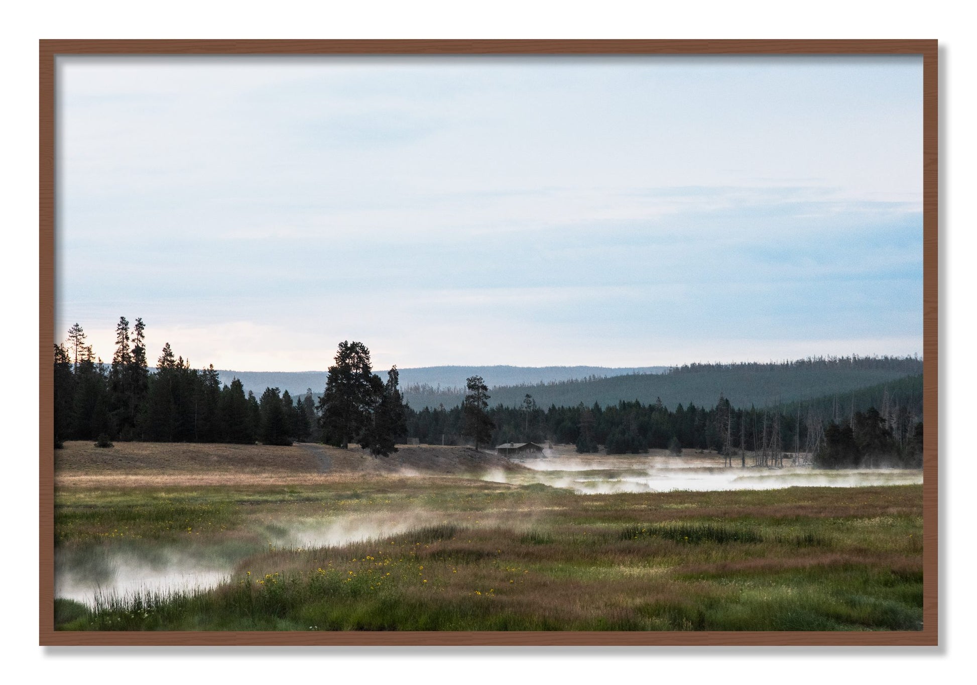 Framed photograph of Yellowstone Morning by Dylan Ozanich, Walnut frame, Full Bleed