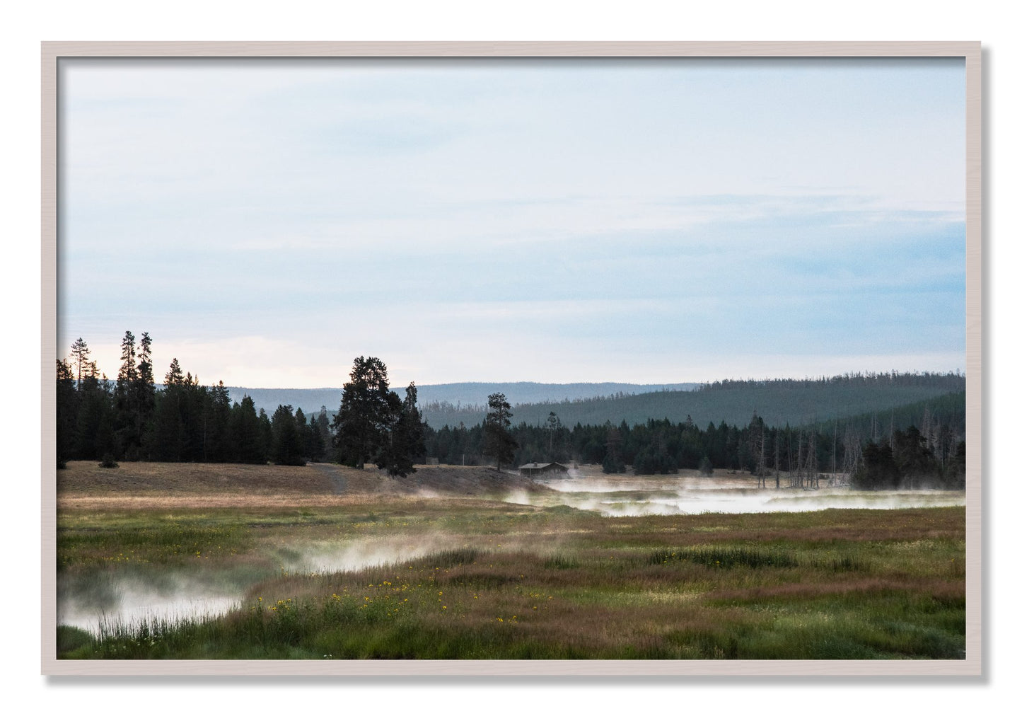 Framed photograph of Yellowstone Morning by Dylan Ozanich, White Maple frame, Full Bleed