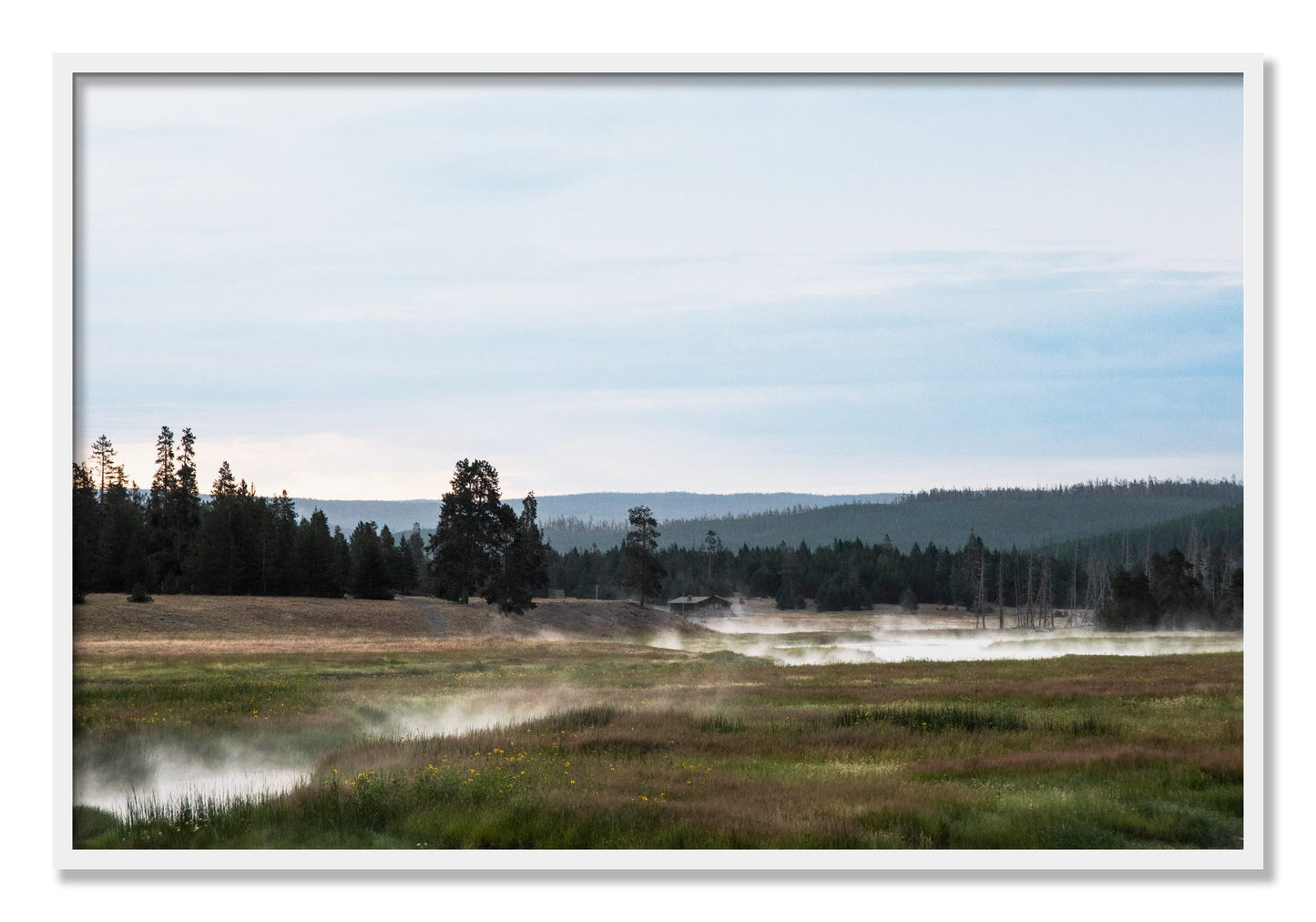 Framed photograph of Yellowstone Morning by Dylan Ozanich, White frame, Full Bleed