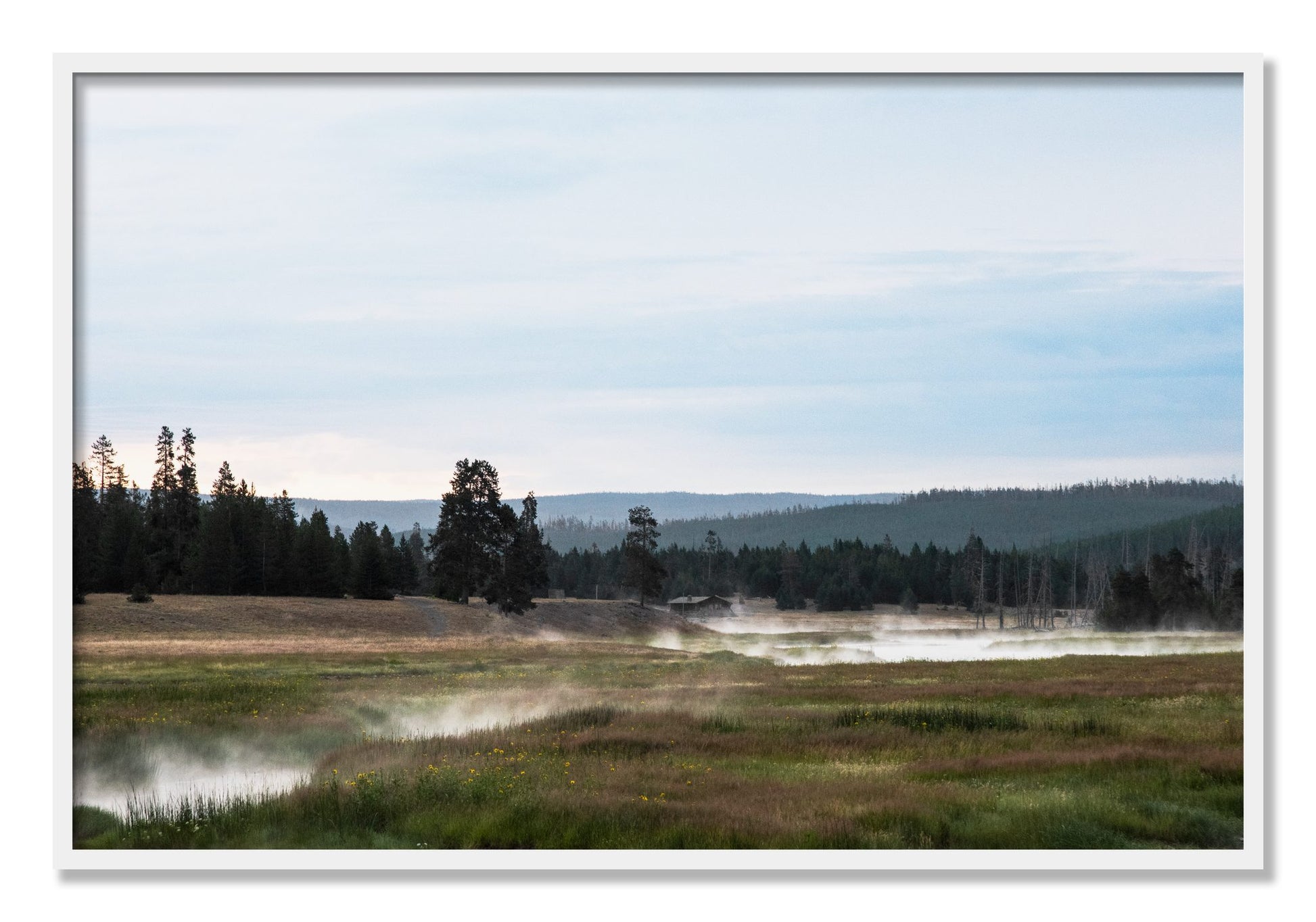 Framed photograph of Yellowstone Morning by Dylan Ozanich, White frame, Full Bleed