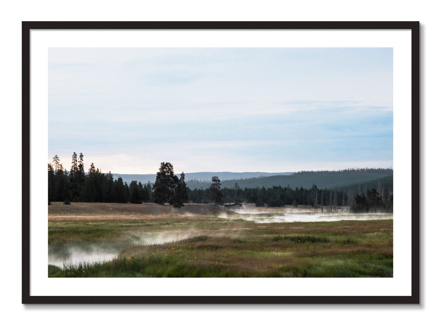 Framed photograph of Yellowstone Morning by Dylan Ozanich, Black Walnut frame, Borders