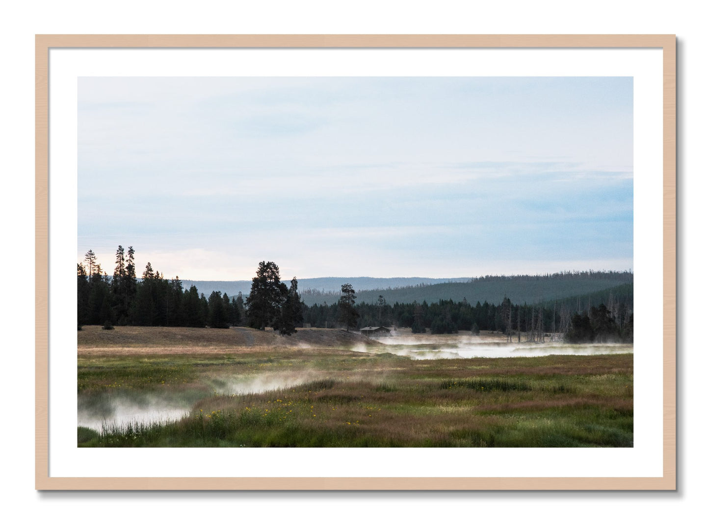 Framed photograph of Yellowstone Morning by Dylan Ozanich, Maple frame, Borders