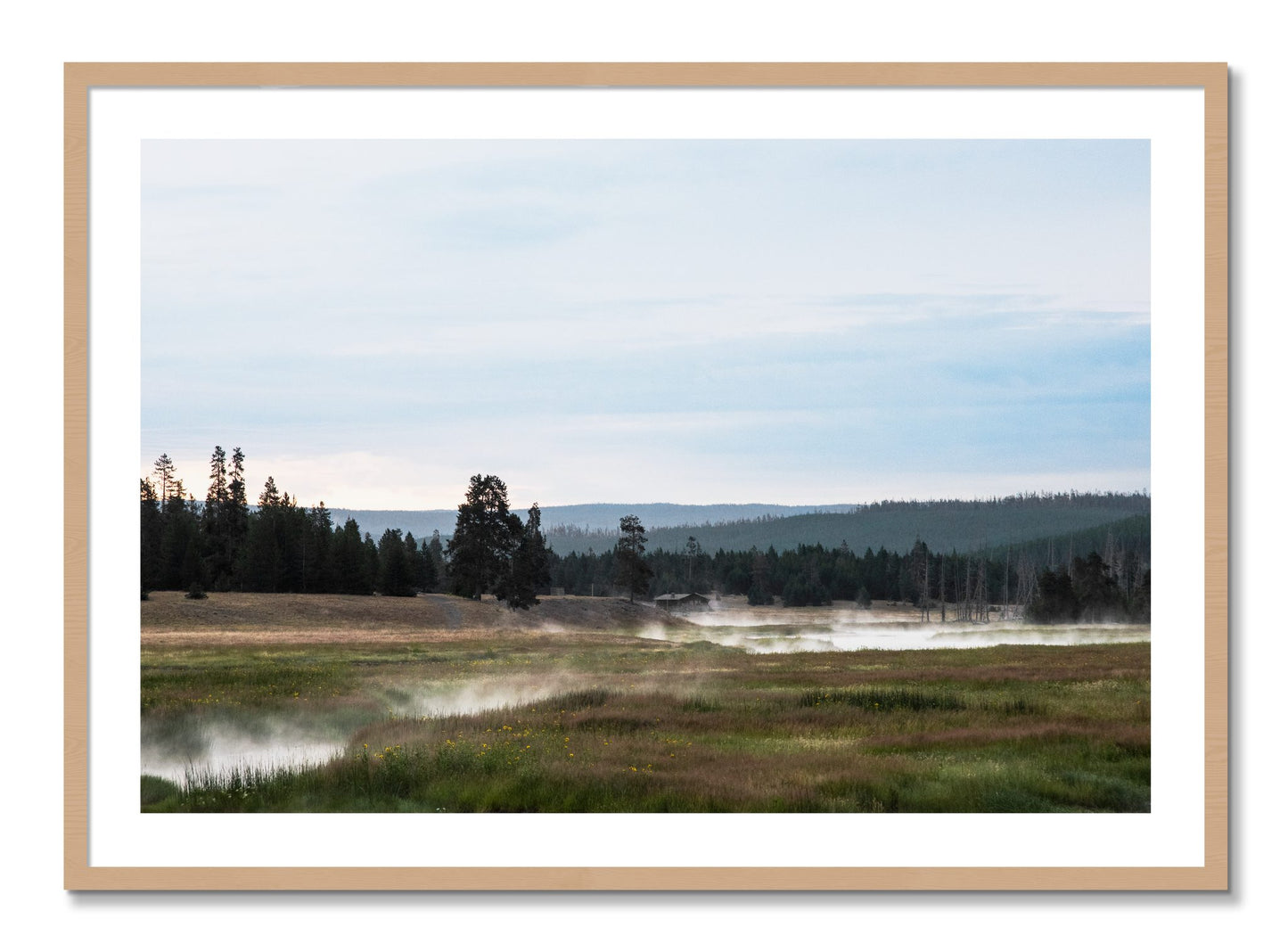 Framed photograph of Yellowstone Morning by Dylan Ozanich, Oak frame, Borders