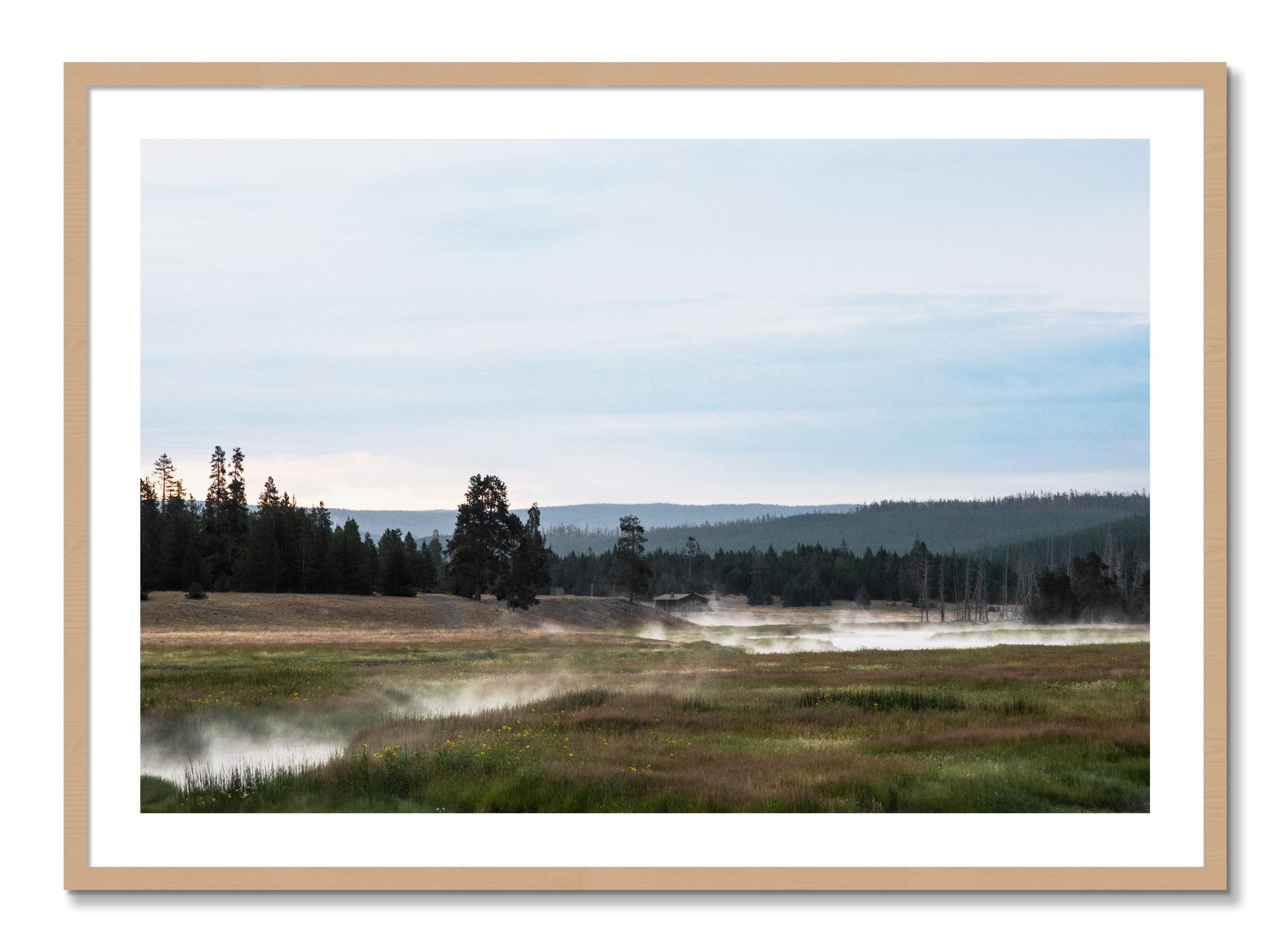 Framed photograph of Yellowstone Morning by Dylan Ozanich, Oak frame, Borders
