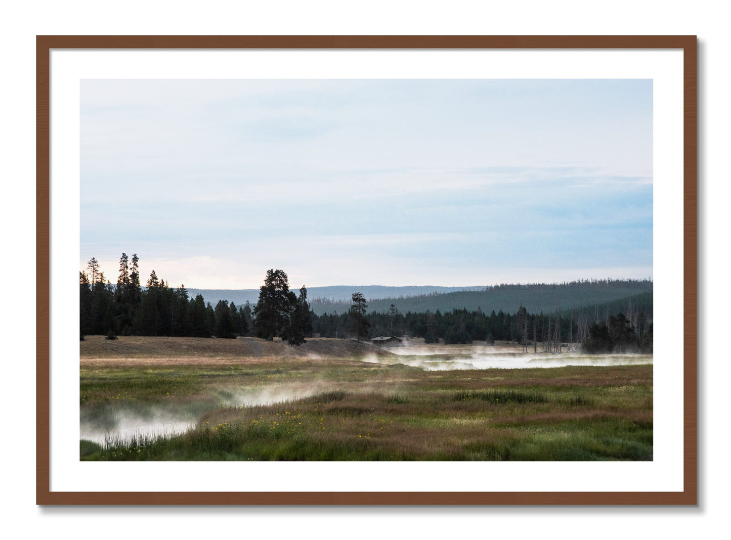 Framed photograph of Yellowstone Morning by Dylan Ozanich, Walnut frame, Borders