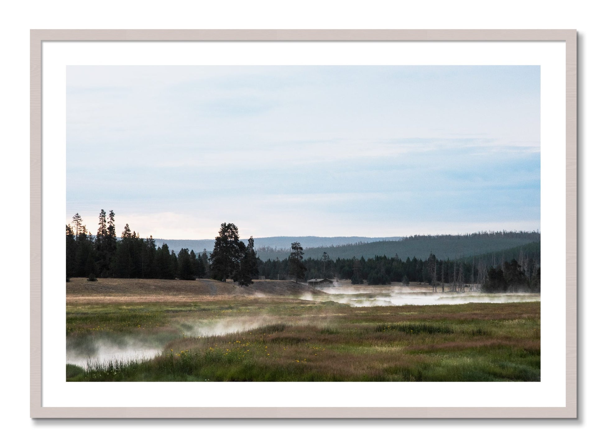 Framed photograph of Yellowstone Morning by Dylan Ozanich, White Maple frame, Borders